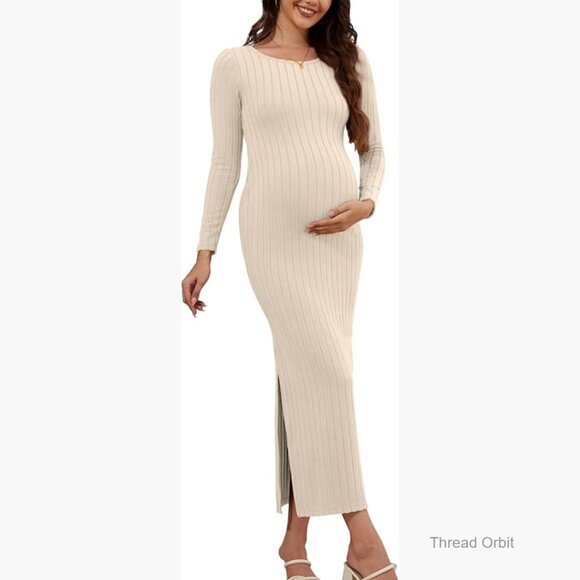 Dresses & Skirts - Maternity Maxi Dress Ribbed Knit Long Sleeve Bodycon Pregnancy Outfit